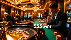 A lively casino scene showcasing the excitement of gambling at 555win com with players at the poker table and roulette wheel.