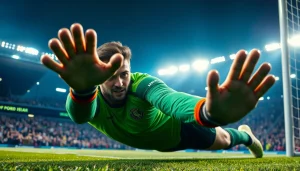 Real Madrid goalkeeper performing a stunning save during an intense match.