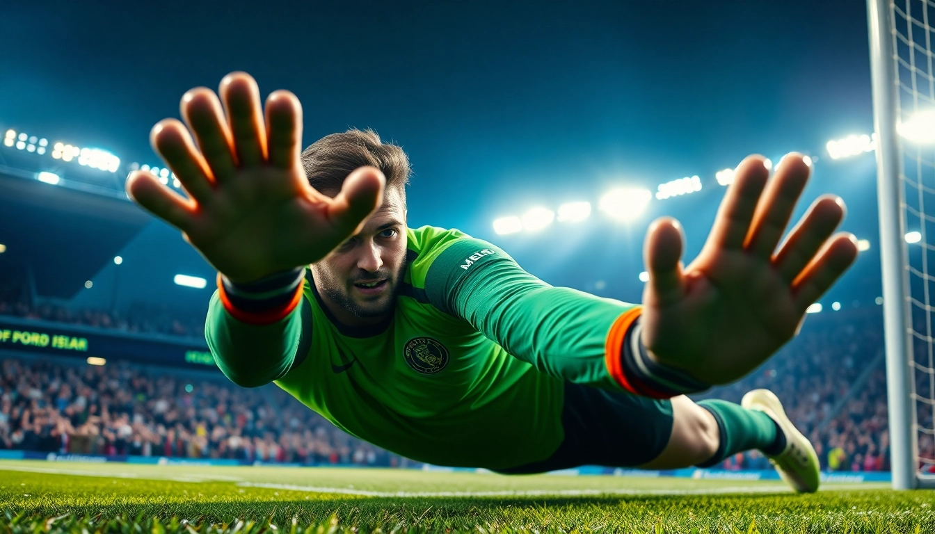 Real Madrid goalkeeper performing a stunning save during an intense match.