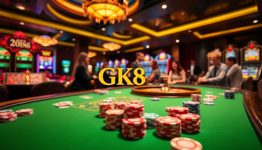 Join gamblers at an exciting GK88 casino table filled with poker chips and cards.