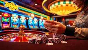 Experience intense gameplay at 888VND with sophisticated casino tables and vibrant poker chips.