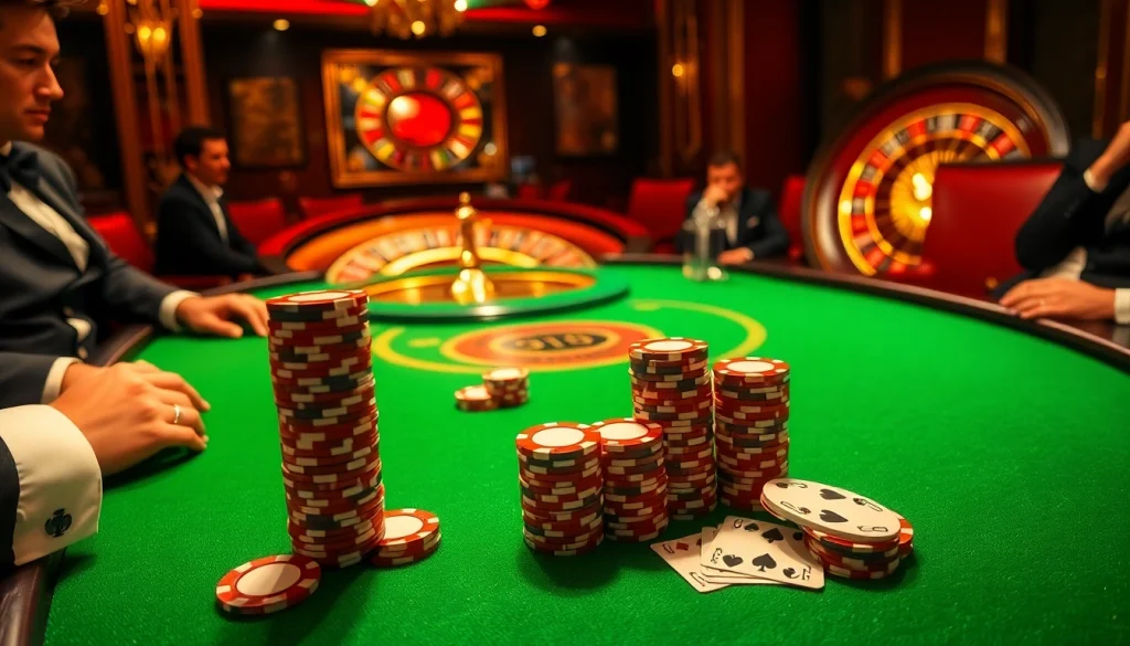 Players engage in high-stakes poker at a luxurious table, highlighting 789club sx's thrilling gambling experience.