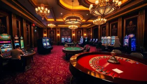 Exciting casino scene featuring https://fly88r.net with roulette wheel, poker players, and vibrant slot machines.