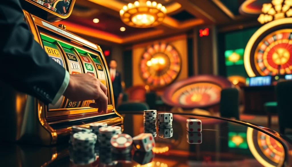 Excited player engaging with the idnslot machine in a luxurious casino setting.