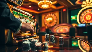 Excited player engaging with the idnslot machine in a luxurious casino setting.