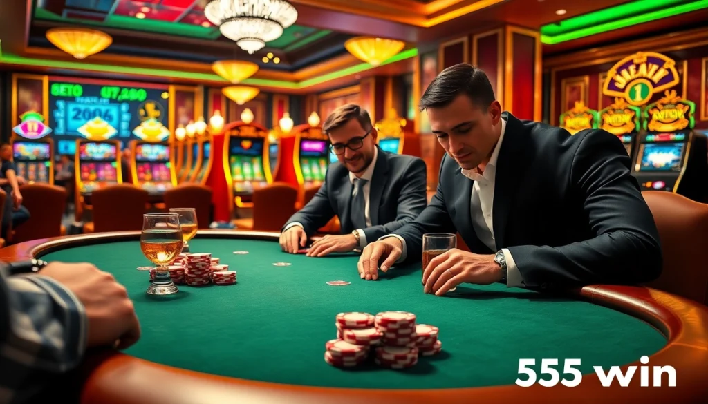A group of focused players strategizing over a luxurious poker table at 555win casino.