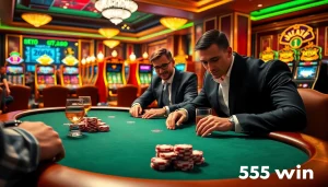 A group of focused players strategizing over a luxurious poker table at 555win casino.