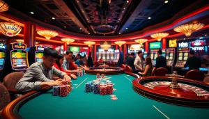 Engaged players enjoying a thrilling poker game at Hi88 casino with vibrant chips and machines.