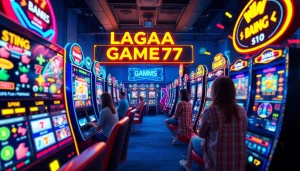 LAGAGAME77 immersive online gaming scene with vibrant slot machines and digital interfaces.
