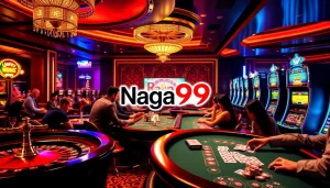 Naga99 players celebrating a jackpot win at a vibrant casino table filled with chips and cards.