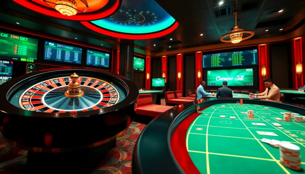 Experience the thrill of gambling at Nhà Cái 789P with vibrant casino visuals featuring roulette and poker.
