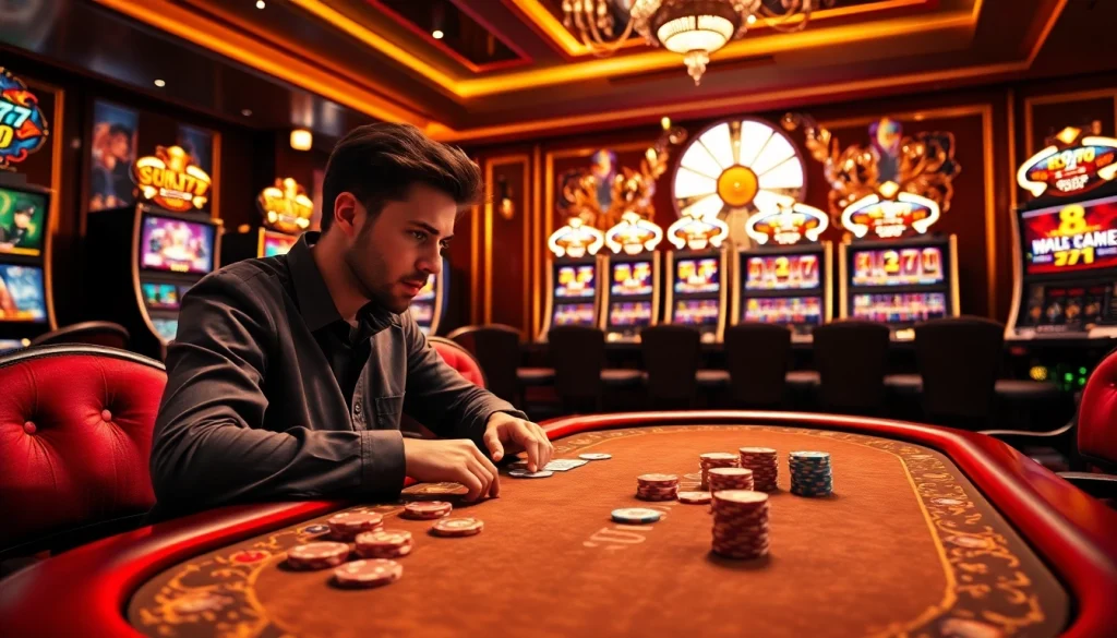 Engaged player at EM777 poker table with vibrant chips and cards in a luxurious casino scene.