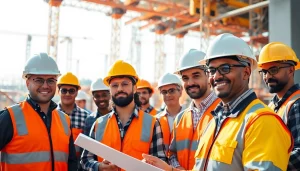 Careers in construction depicted by professionals collaborating on a busy site.