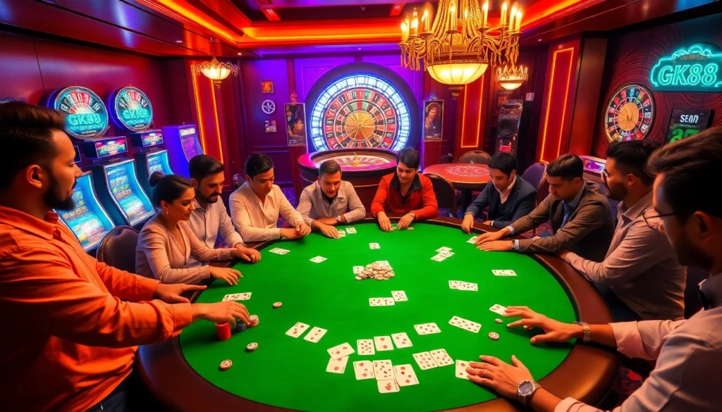 Players enjoying a GK88 branded poker game at a vibrant casino table.