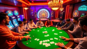 Players enjoying a GK88 branded poker game at a vibrant casino table.