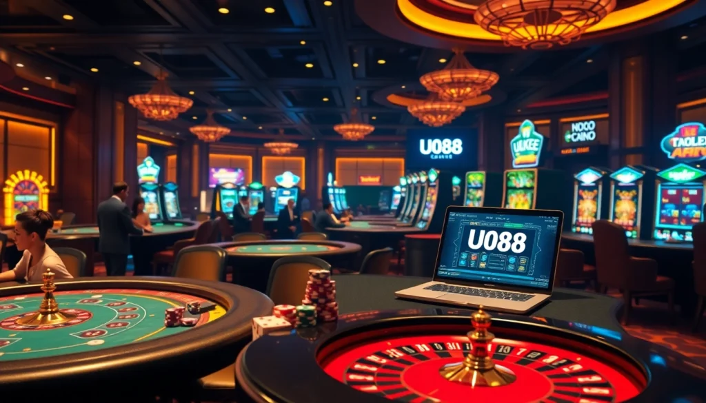 UU88 casino scene with professional dealers surrounded by vibrant gaming tables and slot machines.