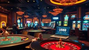 UU88 casino scene with professional dealers surrounded by vibrant gaming tables and slot machines.