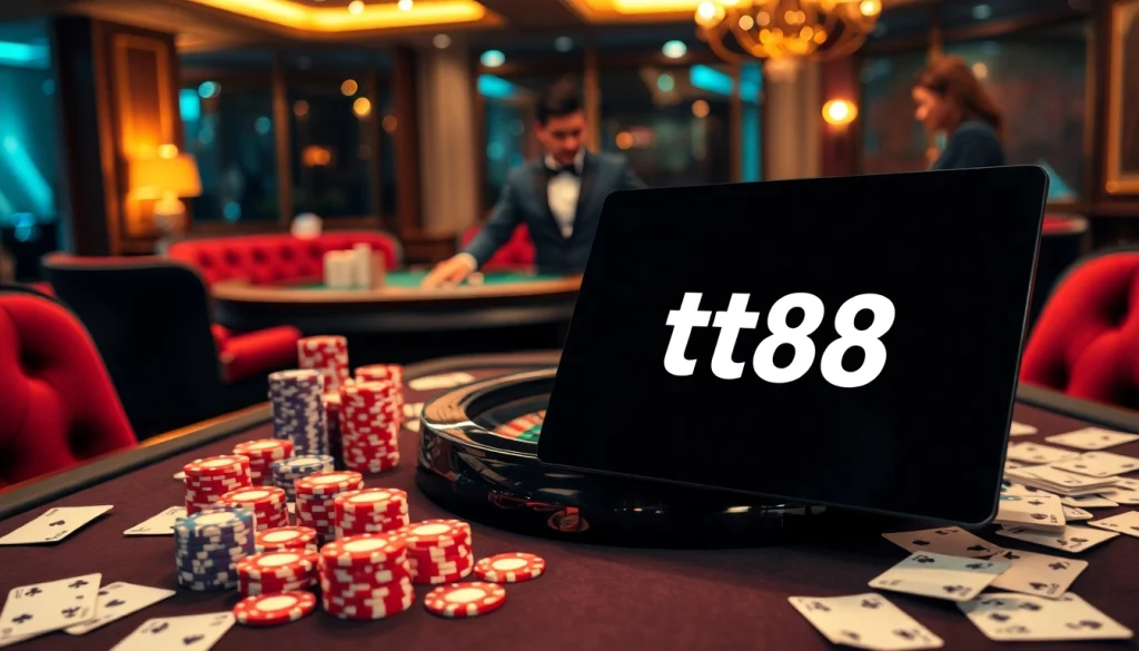 Engaging scene of a high-stakes casino table featuring tt88 with poker chips, cards, and a roulette wheel.
