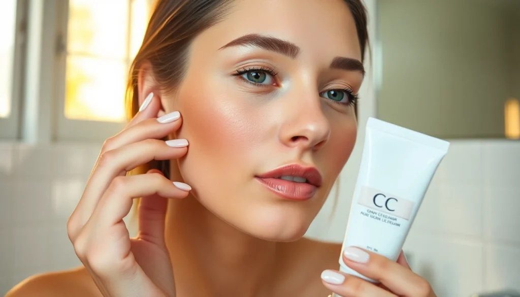 The best CC cream for oily skin being applied by a woman in a modern bathroom.