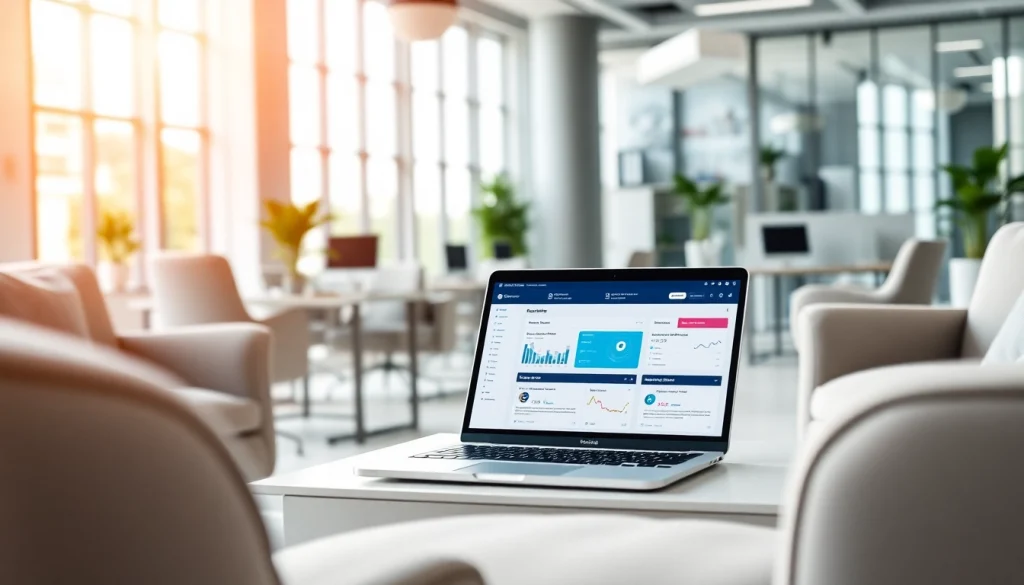 Utilizing the features of 1cplatform in a modern office environment with a sleek laptop and bright ambiance.