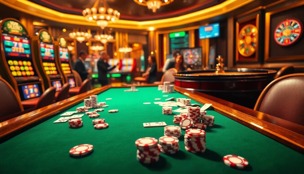 Experience thrilling moments of 바이낸스 회원가입 at a vibrant casino gaming table, complete with poker chips and an engaging atmosphere.