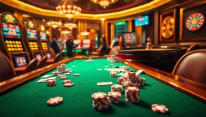 Experience thrilling moments of 바이낸스 회원가입 at a vibrant casino gaming table, complete with poker chips and an engaging atmosphere.