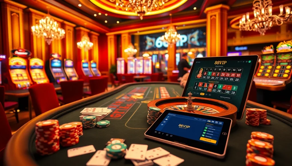 Players enjoy exciting games at 68VIP casino, showcasing poker chips and an elegant roulette wheel.