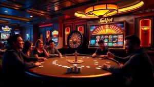 Exciting casino atmosphere highlighting pub88 with a poker table, chips, and vibrant slot machine.