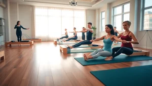 静かなスタジオで行われる魅力的なピラティスセッション。ウェルネスの推奨実践を紹介