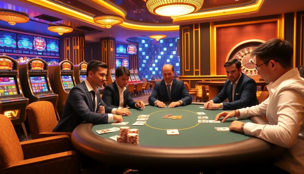 Players enjoying a poker game at KJC's luxurious casino environment, showcasing excitement and strategy.