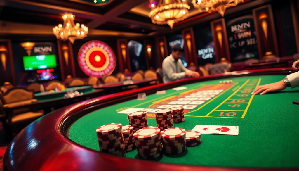 Players strategizing at a Blackjack table in a luxurious casino, highlighting 98win vin.