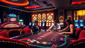 Excited players engaging in blackjack at 98win. com's upscale casino environment with vibrant slot machines and roulette.