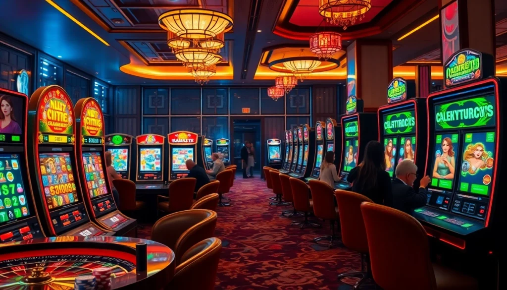 Players enjoying nổ hũ slots in a luxurious casino setting filled with vibrant lights and gaming excitement.