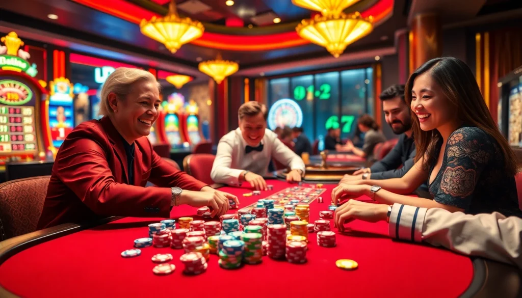 Players enjoying a spirited poker game at the Dominoqiu casino, surrounded by vibrant atmosphere and colorful chips.