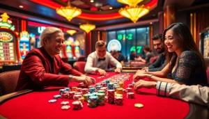 Players enjoying a spirited poker game at the Dominoqiu casino, surrounded by vibrant atmosphere and colorful chips.