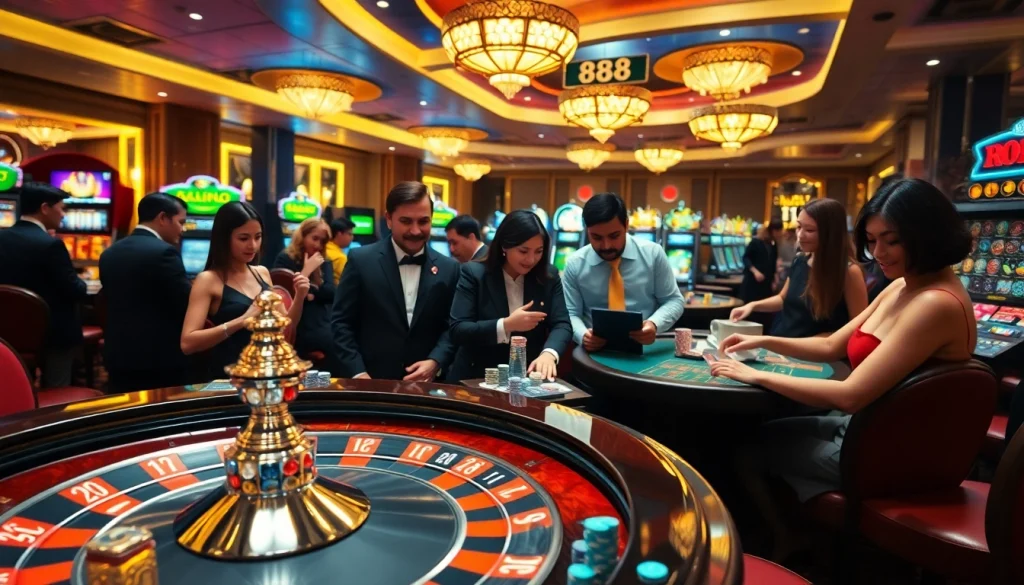Engaging in thrilling casino games at Liên hệ 888new with vibrant slot machines and poker tables.