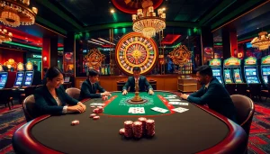 Players enjoying a thrilling game at https://vua88h.com/, with vibrant poker chips and an elegant roulette wheel.
