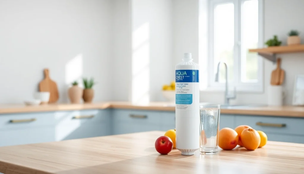 AQUA CREST Replacement for GE® RPWFE water filter showcased in a modern kitchen setting, emphasizing health and cleanliness.