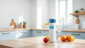 AQUA CREST Replacement for GE® RPWFE water filter showcased in a modern kitchen setting, emphasizing health and cleanliness.