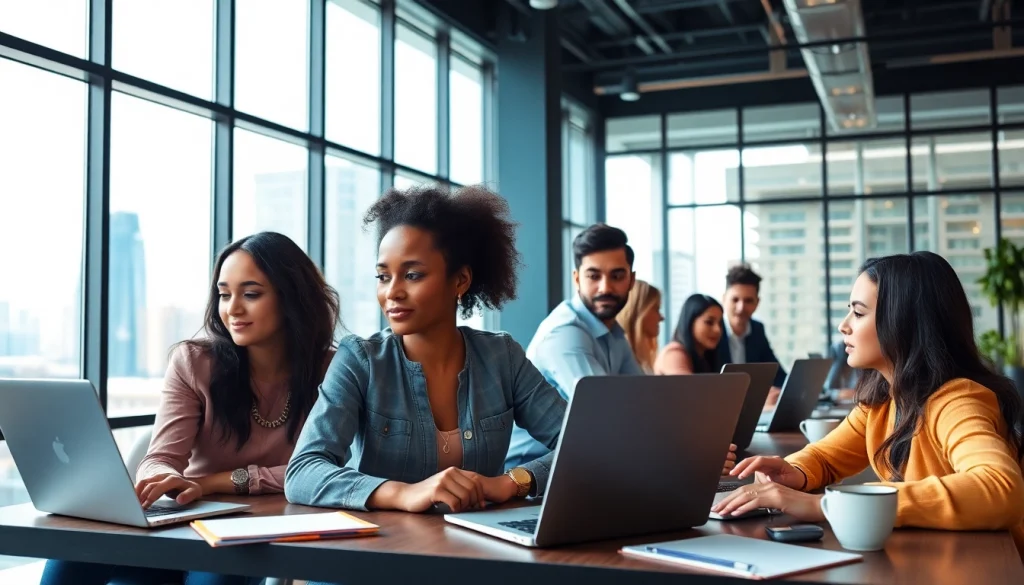 Post remote sales jobs recruitment scene showing a diverse team collaborating in a bright office.