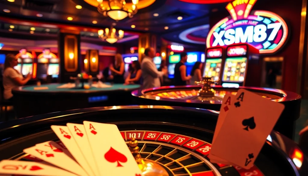 A dynamic casino scene showcasing XSMB 247 with players at a roulette table, highlighting an engaging gambling atmosphere.