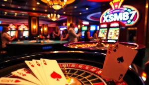 A dynamic casino scene showcasing XSMB 247 with players at a roulette table, highlighting an engaging gambling atmosphere.