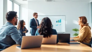 Engaging session with a business coach near me guiding entrepreneurs in a modern office.