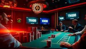 Experience the thrill of high-stakes poker with TK88 in a luxurious casino setting.