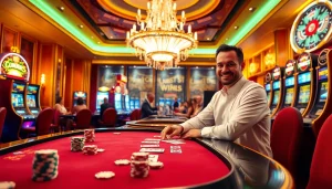 Experience the thrill of casino gaming at https://f1682.email/ with poker chips, cards, and a roulette wheel.