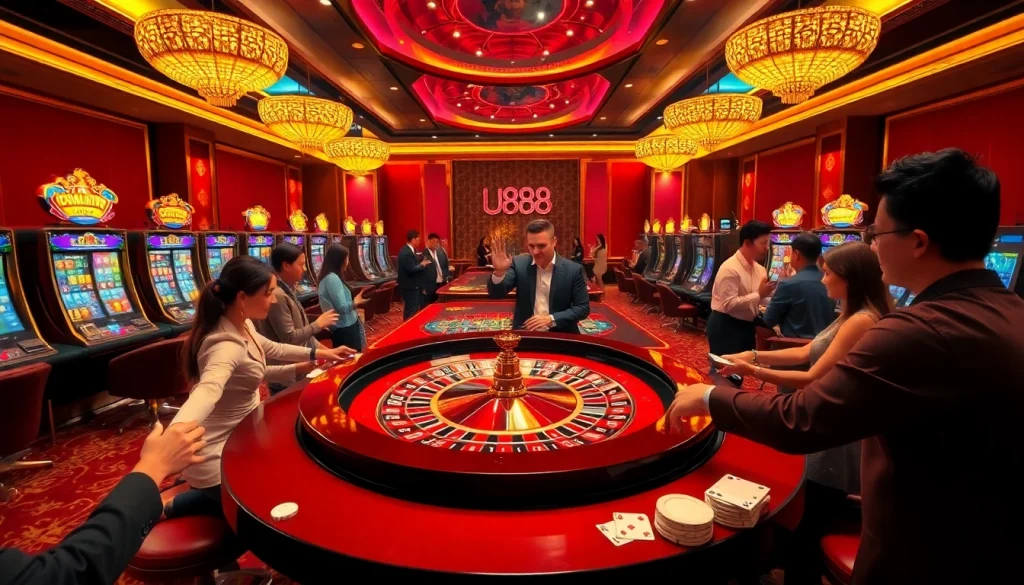 U888 casino scene showcasing players engaging at a roulette table with vibrant games.