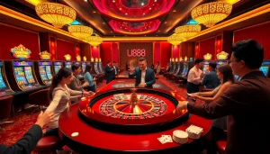 U888 casino scene showcasing players engaging at a roulette table with vibrant games.