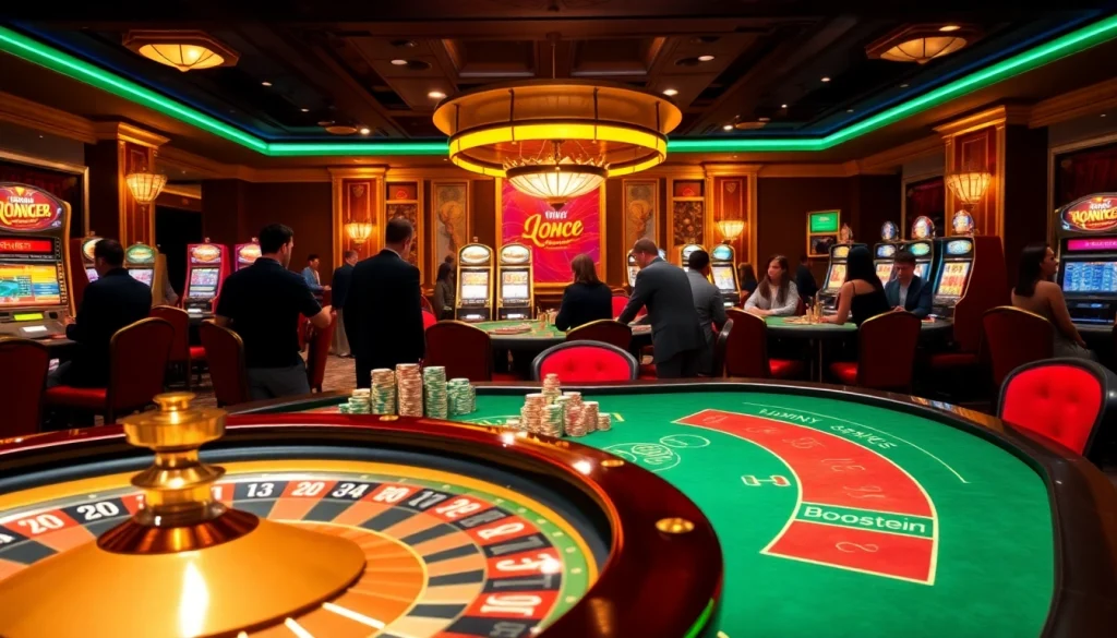 Gamblers enjoying a thrilling experience at a luxurious casino, showcasing BoosterJP in the background.