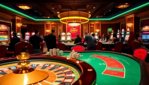 Gamblers enjoying a thrilling experience at a luxurious casino, showcasing BoosterJP in the background.