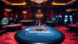 Experience the thrill of gambling at GG88 casino with players engaged around vibrant tables.